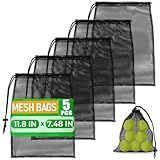 Mesh Backpack Drawstring Black 5Pcs 11,8x7,48'' – Strong, Lightweight, Breathable Mesh Bag with Lock, Quick-Dry and Tear-Resistant – Easy to Tighten and Adjust for Travel, Swimming & Ball Storage