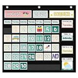 Classroom Calendar Pocket Chart Display And Weather Station Set-Groovy Classroom Decor,Class Calendar Kit for Classroom Organization,Bulletin Board and Home School (Black)