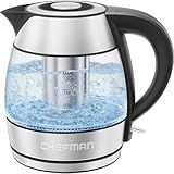 CHEFMAN Electric Kettle - 1.2L 1500W Hot Water Tea Pot with Infuser, BPA Free, Auto Shut Off, Boil-Dry Protection, Removable Lid, LED Light, Cordless Glass Electric Tea Kettle – Stainless Steel