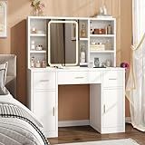 knoworld Vanity Desk with Sliding Mirror & LED Lights, Smart Makeup Table with Charging Station, Hairdryer Holder, 7 Shelves, 3 Drawers, 2 Cabinets, Vanity with Extra Hidden Stroage for Bedroom,White