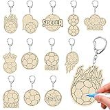 RattanView 24 Pcs Soccer Craft Color Your Own Keychains Diy Craft Wooden Blank Keychains for Sunday School Classroom Home Active Party Favors Gifts, 12 Styles