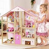 BIERUM Wooden Dollhouse for Girls, Large Pink Wooden Doll House with 39 Furniture Accessories, Elevator & Garage, 5 Rooms Modern Dollhouse for Toddlers, Pretend Play Toy Gift for Kids (Pink)