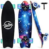 BELEEV Cruiser Skateboards for Kids, 27x8 inch Complete Skateboard for Beginners Teens Adults, 7 Ply Canadian Maple Double Kick Deck Concave Trick Skateboard with LED Light-Up Wheels (Nebula)