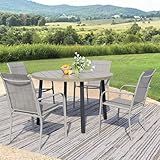 Seekverse 5-Piece Outdoor Dining Set, Round Metal Table with 4 Grey Chairs, Teak Patio Table with Umbrella Hole for Garden, Yard, Patio
