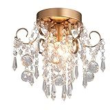 Q&S Mini Chandelier Crystal Ceiling Light,Small Flush Mount Gold Light Fixture for Entryway Bedroom Barthroom Hallway Closet E26