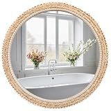 FUIN 24" Rattan and Wood Round Mirror for Boho Bathroom, Entryway, Living Room Decor
