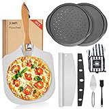 Pizza Peel Pizza Pan Set, 7Pcs Pizza Oven Accessories, 12 Inch Metal Paddle (12"x 14") with Foldable Wooden Handle, 2 Pizza Pans, Rocker Cutter, Pizza Server, Oven Mitts, Oil Brush