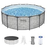Bestway Steel Pro MAX 14' x 48" Above Ground Pool, Round Metal Frame Outdoor Swimming Pool Set with Filter Pump, Ladder, and Cover, Gray Stone Print
