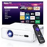 Aurzen Roku TV Smart Projector with Wifi and Bluetooth, Roku TV Built-in, 1080P FHD, DoIby Audio, Auto Focus & Keystone, Zoom, Movie Portable Outdoor Mini Projector for Soccer Football Game, White
