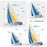 MAYJOYDIY 2pcs Sea Ocean Sailing Boat Seagull Stencil 8×8/11.8×11.8inch Nautical Sailboat Painting Stencils with Paint Brush Summer Sea Wave Fish Cloud Template for DIY Craft Furniture Wood Canvas