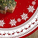 Christmas Tree Skirt 48 inch Large Tree Skirt Snowflake Reindeer Red Xmas Tree Skirt Rustic Christmas Tree Mat Decorations for Winter New Year Holiday Party Decor Indoor Outdoor (Santa, 48inch)