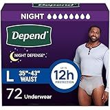 Depend Night Defense Adult Diapers, Incontinence Underwear for Men, Disposable, Overnight, Large, Grey, 72 Count, Packaging May Vary