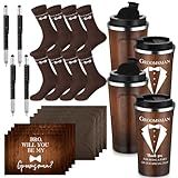 Nuanchu Groomsmen Gifts Wedding Proposal Gift Groomsman Sign 17oz Coffee Mug Groomsman Socks Multi Tool Metal Ballpoint Pen with Greeting Card Envelope for Groomsmen (4 Set, Brown)