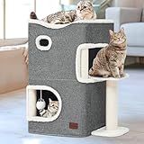 YITAHOME 2-Tier Cat House, Indoor Cat Cave Bed Playhouse, Cat Tunnels with Scratch Pad and Hideaway Cube, Cute Modern Cat Condo Furniture for Multi Small Cats, Extended (Grey)