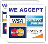 2pcs We Accept Major Credit Cards Sign Sticker, 5x5 inches - AmEx Mastercard Visa Discover Payments, Credit Card Sticker for Store Window