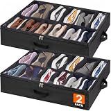 Lifewit Under Bed Shoe Storage Organizer 2 Pack(12 Shoes Cells), 4.3 Inches Profile Fabric Shoes Container Box with Clear Cover, Foldable Storage Bag with 2 Handles, Fits 12 to 24 Pairs