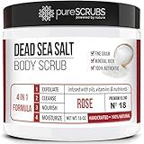 pureSCRUBS Premium Rose Body Scrub Set - Large 16oz Dead Sea Salt Body Scrub With Infused Essential Oils & Nutrients, Includes Wooden Spoon, Loofah & Oatmeal Exfoliating Bar Soap