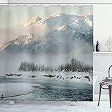 Ambesonne Alaska Shower Curtain, Chilkat Valley Covered in Snow Winter Season Landscape Idyllic Scene from North, Cloth Fabric Bathroom Decor Set with Hooks, 69" W x 70" L, Grey White