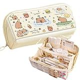 SIORTIO Pencil Pouch Multi-Layer Large Capacity Capybara Print Quirky Fun Cute (Beige-2)