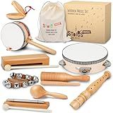 Stoie's Wooden Kids Musical Instruments for 3-9 Years Old, with Drum, Hand Bells, Flute, Maracas, Castanet, Tamburine, for Babies and Toddlers, Durable, Safe, Montessori Educational Toy, Storage Bag
