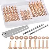 JUNESunShine 84Pcs, Copper Rivets and Burrs, 4mm Shank Dia More Sturdy, with #9 and #12 Burrs Setter, Leather Rivet Fastener Install Setting Tool for Belt Wallet Collar Shoe Pouch Tack Leather Working