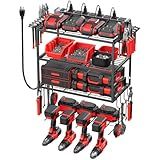 JUNNUJ Tool Organizer with Charging Station, 4 Layers Wall Mount Garage Tools Storage with 8 Outlets Power Strip, 4 Drills Holder Battery Heavy Duty Metal Shelf, Utility Rack with Hooks, Black