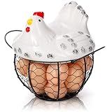 AVLA Chicken Egg Basket, Black Wire Egg Collection Baskes with Ceramic Lid for Gathering Fresh Eggs, Chicken Egg Holder, Decorative Farmhouse Cute Eggs Storage Container for Kitchen, Countertop