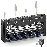 LZSIG Headphone Amplifier 4 Channel, Metal Stereo Audio Amplifier with Bass Boost, Mini Earphone Splitter with Power Adapter, 1/4" & 1/8" TRS Headphones Output & TRS Audio Input, DC 12V