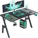 HLDIRECT 55 Inch Gaming Desk, Large Computer Desk Gaming Table with Cable Management, Ergonomic Carbon Fiber Gamer Table Pc Work Home Office Desks with Cup Holder & Headphone Hook & Mouse Pad, Black