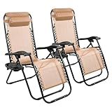 Elevon Zero Gravity Chair Set of 2 with Cup Holder & Removable Pillows, Adjustable Reclining Outdoor Patio Folding Chairs Portable Lounge Chair Furniture for Poolside, Lawn, Beach, Camping, Beige