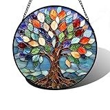 DASTOLL Stained Glass Window Hanging, Colorful Tree of Life Sun Catchers Glass Panel Blue Suncatcher Decor for Birthday for Women, Men, Wife, Aunt, and Mom 6.3 in