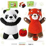 Crochet Kit for Beginners - 2PCS White and Red Panda Crochet Animal Kit with Step-by-Step Video Tutorials, Apple Crocheting Kit, Crochet Starter Kit for Adults, Beginners Knitting Kit for Valentines