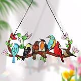 Huray Rayho Birds On Branch Stained Glass Suncatcher Cardinal Hummingbird Kingfisher Double Side Glass Panel Window Hanging Decor Bird Ornament Bird Lover Gift for Mom Grandma