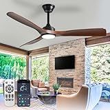 BvenuBigLite Outdoor Ceiling Fan with Light: 52 Inch 3 Blade Outdoor Fans for Patios - Modern Walnut Ceiling Fan with Dimmable Light Remote APP Control Ultra Quiet Reversible DC Motor Timer