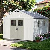 Greesum 10×12 FT Plastic Outdoor Storage Shed with Floor and Lockable Door, Resin Sheds with Windows and Skylights, Weather Resistant Organization for Garden, Lawn, Pool Supplies, Beige
