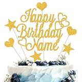 Personalized Happy Birthday Cake Topper | Customized Name Cake Decoration | Double Sided Glitter Card | Gold
