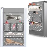 Dorm Room Essentials Mini Fridge Organizer, Hanging Over Fridge Storage Organizer, College Caddy with 14 Pocket for Office, Kitchen, Home, School (Grey)
