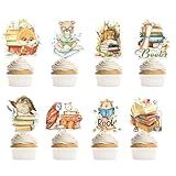 40 Pcs Book Themed Cupcake Toppers Party Decorations, Cute Animals with Books Cupcake Picks, Birthday Baby Shower Supplies for Kids and Reading Lovers (8 Designs)
