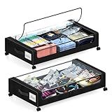 Under Bed Storage with Wheels, 2 Pack Under Bed Storage Containers with Dividers & Clear Lids, XXL 65L Under the bed storage Organizer Bins, Underbed Storage with Wheels for Clothes (Black, 2 Pack)