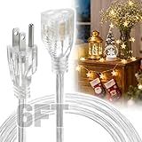 6ft Clear Extension Cord - Male to Female Invisible Indoor Thin 3 Prong Power Cable for Holiday Light Extension Cord, UL-Certified (2 x 18 AWG 250V 6A)