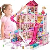 Lehoo Castle Doll House Dreamhome, 4-Story 12 Rooms Dollhouse Playhouse with Doll and Furniture, Pretend Dream Dollhouse Playset Pink Girl Toys, Sturdy Construction, Easy to Move, Ideal Gift Toy