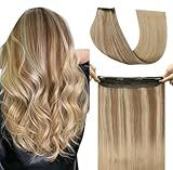 SAFIRENY Wire Hair Extensions Fish Line Hair Extensions Golden Brown with Caramel Blonde Hair, Invisible Hair Extensions Real Human Hair 14inch 70g Adjustable Size Hair Extensions(#10/27/27-14inch)