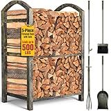 AMAGABELI GARDEN & HOME Firewood Rack Indoor with Tools 5-Piece Fireplace Tools Set Wood Holder Outdoor Wrought Iron Heavy Duty Firewood Storage Rack for Fireplace,Fire Pit,Wood Stove Bronze
