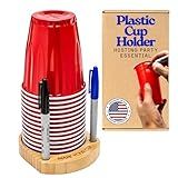 Truvalent Plastic Party Cup Holder for 3-4" Cups - Wooden Drink Organizer with Marker Slots for Birthdays & Holiday Gatherings - Hosting Essential to Mark Your Cup, Prevent Mix-Ups, & Reduce Waste
