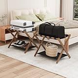 Smuxee Walnut Bamboo Luggage Rack Pack of 2, Foldable Suitcase Stand with Storage Shelf, Easily Assembled Luggage Stand with 5 Nylon-Straps for Guest Room Hotel Bedroom