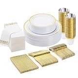 BESTVIP 175 PCS Gold Dinnerware Set for 25 Guests, Plastic Dinnerware Set for Party, Wedding, Christmas, Halloween, Include: 50 Plastic Plates, 25 Gold Silverware, 25 Cups, 25 Paper Napkins