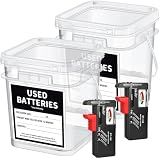 QHAND 2 Pcs Battery Recycling Container with Battery Testers for Household Batteries, Used Battery Disposal Container with lid for Home Use, Office, Garage, Schools (1.32 Gallon)