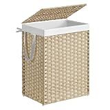 SONGMICS Laundry Hamper with Lid, 23.8 Gallon (90L) Synthetic Rattan Clothes Laundry Basket with Lid and Handles, Foldable, Removable Liner, Summer Sand ULCB051LZ01
