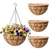 SMYAXUNW 4 Pack 14 Inch Outdoor Plant Hanging Basket Round Metal Hanging Planter with Coco Coir Liner for Indoor Plants Baskets Railing Flower Pots Home Decor