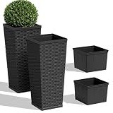 JUMMICO Set of 2 Resin Widened Tapered Planters, Rattan Texture Planters with Drainage Holes and Trays, Outdoor Flowers Pots for Plants, Porch & Patio Decor (Black, 30'' H, Inner Tray)
